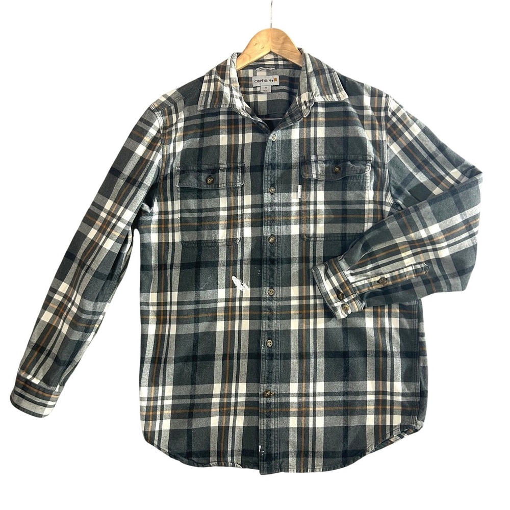 Carhartt Grey Orange Plaid Flannel Shirt M Distressed Paint Splatter Gorpcore